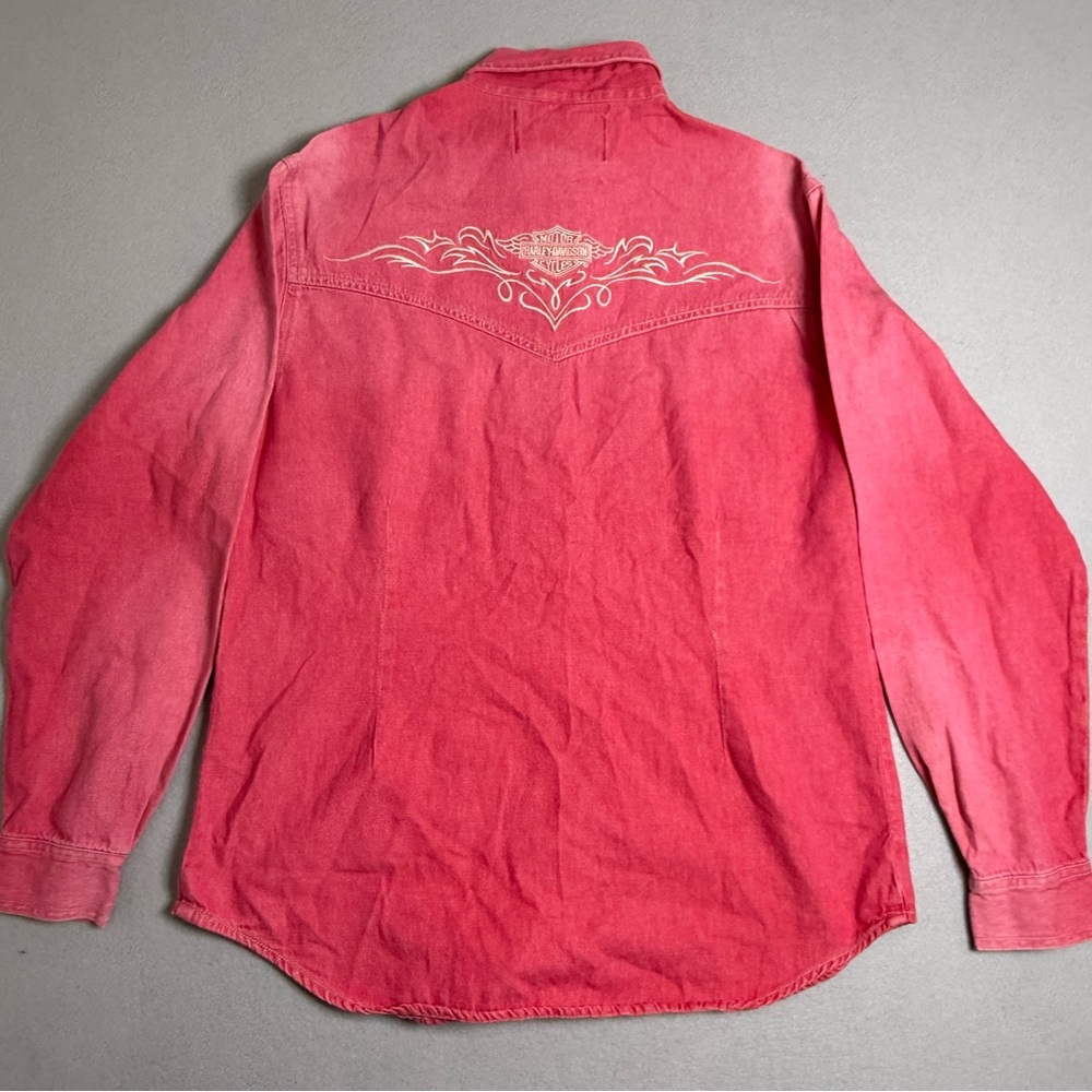 Women's Harley Davidson Denim Shirt small Red Western snap up embroidered Y2K